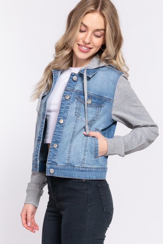 Denim jacket with gray terry sleeve detail & hood