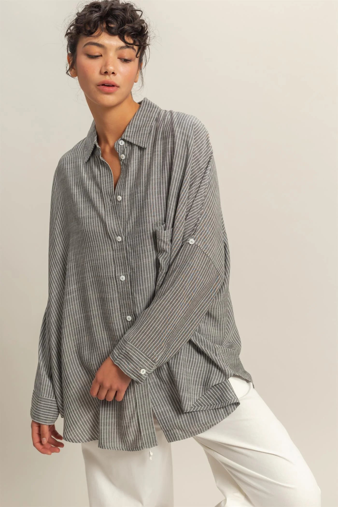 Oversized black & white striped button down