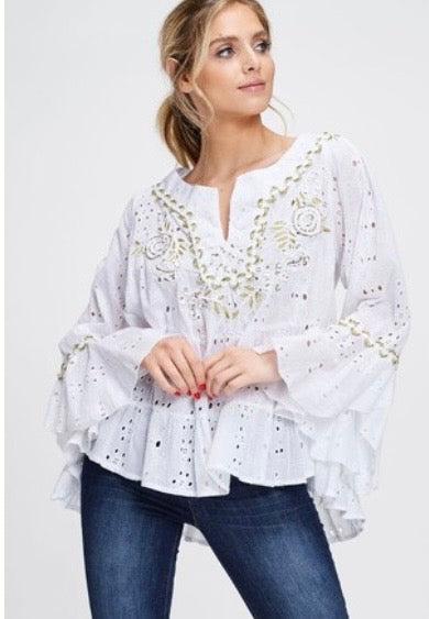 Eyelet blouse with bell sleeve and gold detailing