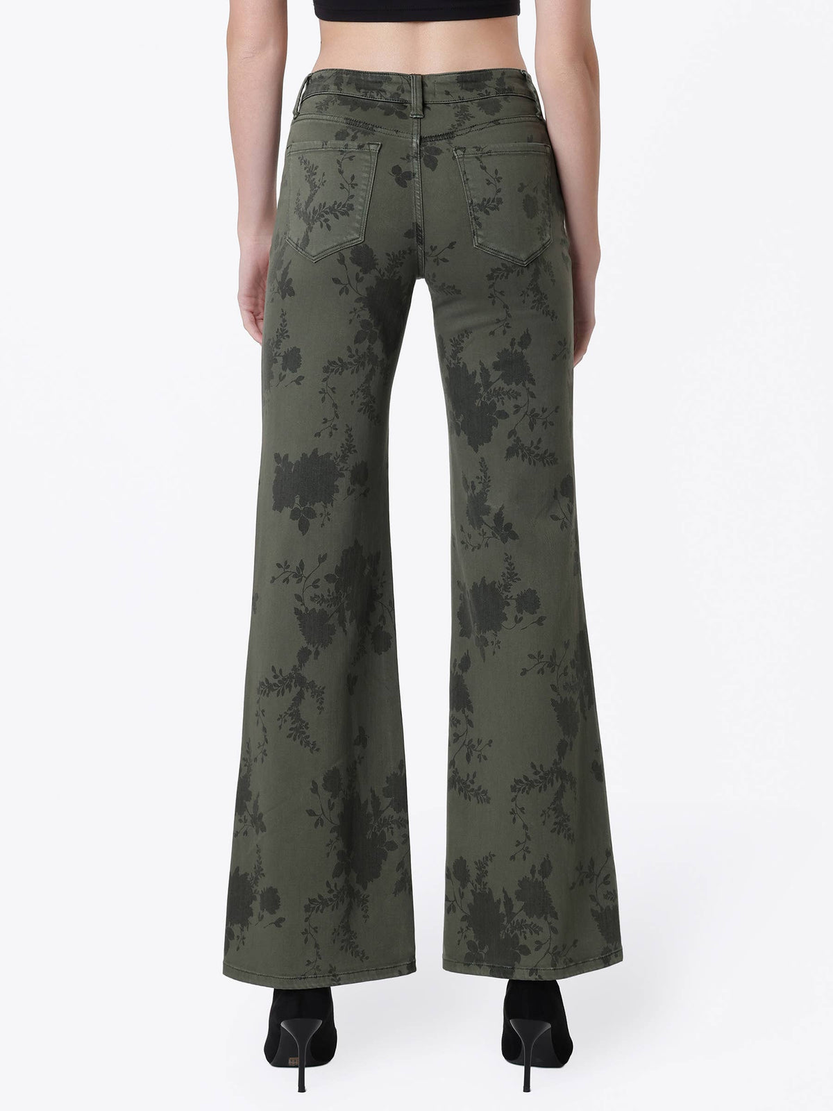 MID RISE GREEN FLORAL PRINT VINTAGE FLARE JEANS T7588GEN
