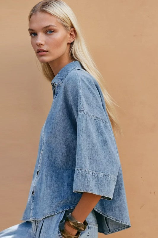 Denim shirt with wide sleeve