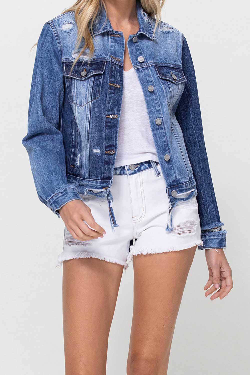 DISTRESSED CLASSIC FIT CROP JACKET W CONTRAST FABRIC V2745J