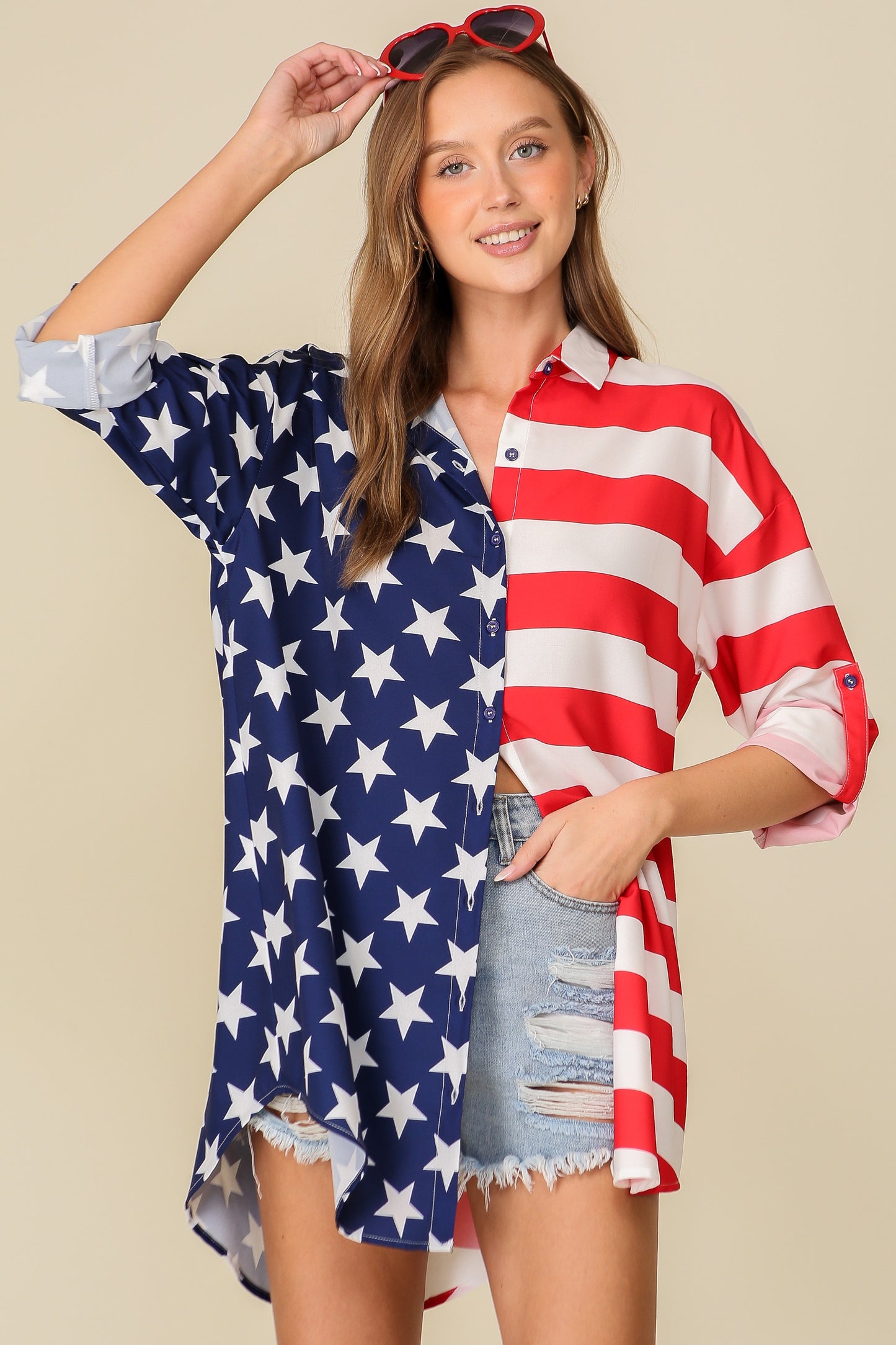 American flag print button down shirt dress