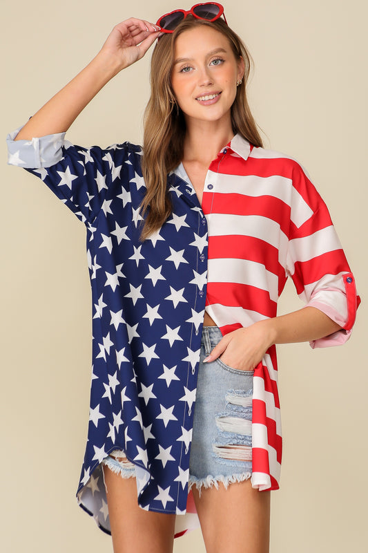 American flag print button down shirt dress