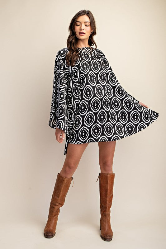 Flared mini dress with bell sleeve