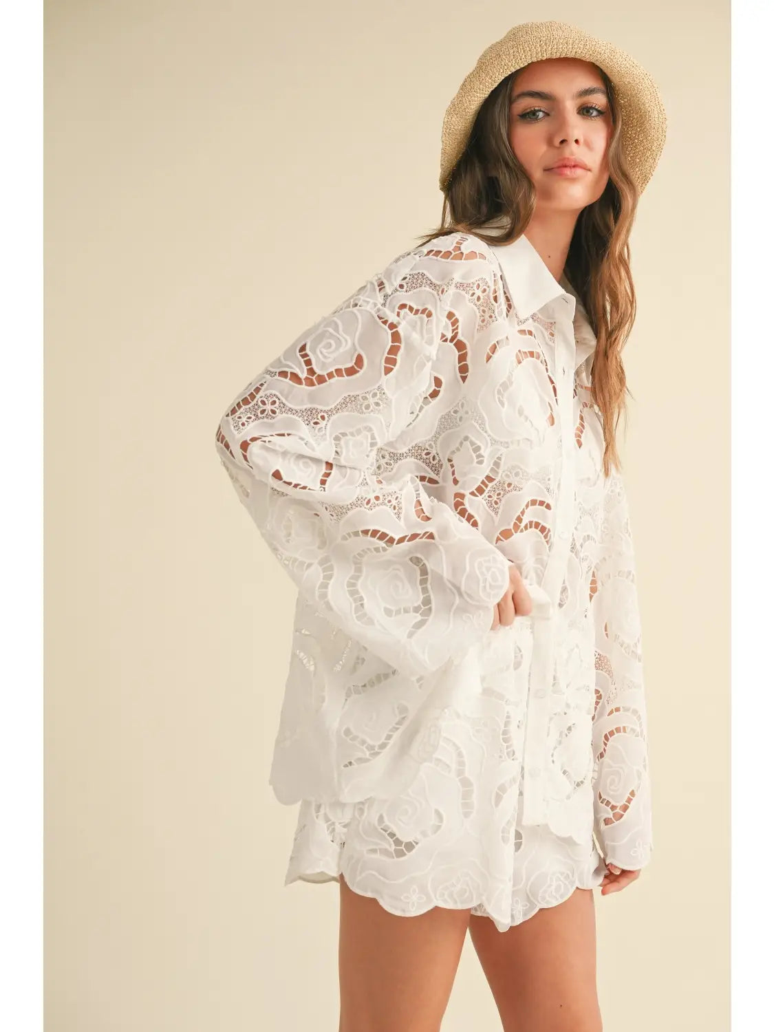 Floral eyelet patterned button down