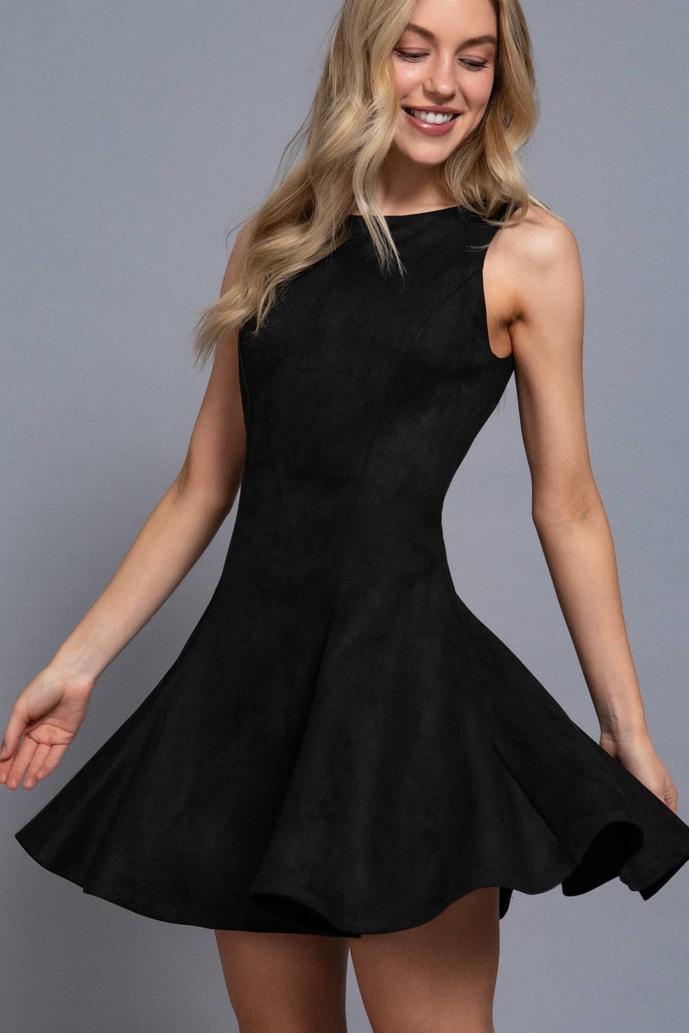 Sleeveless Round Neck Flare Hem Faux Suede Mini Dress