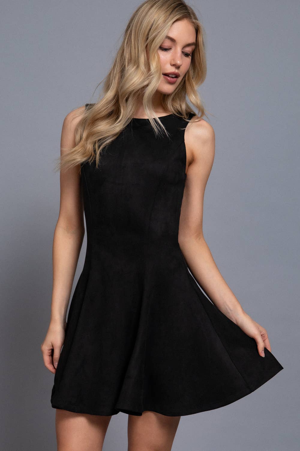 Sleeveless Round Neck Flare Hem Faux Suede Mini Dress