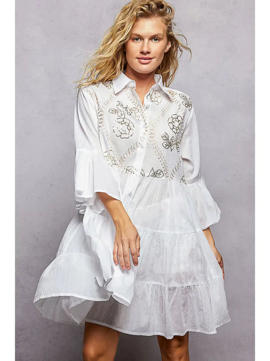 3/4 Embroidered sequins button front dress