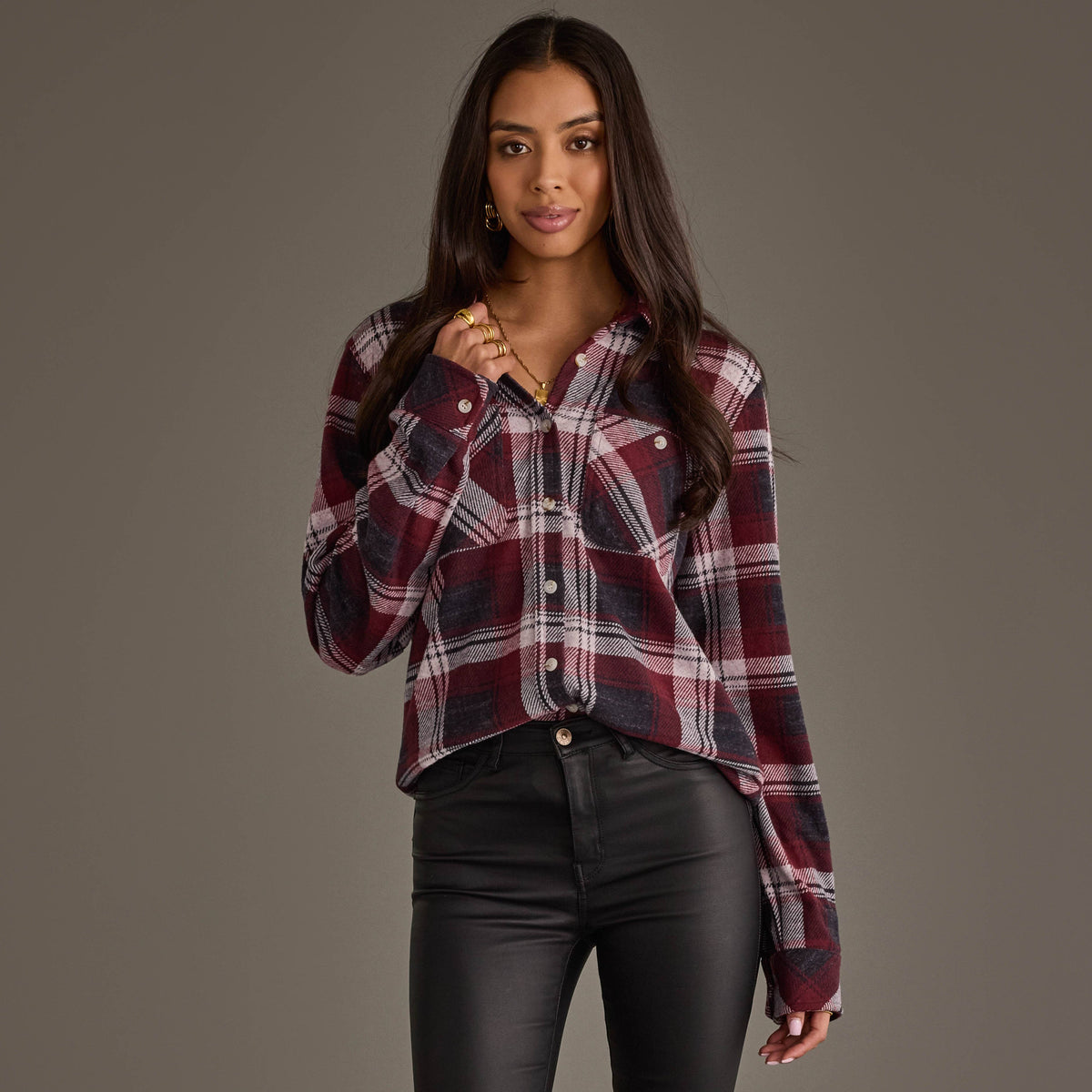 Maroon, Charcoal & White Plaid Button Up