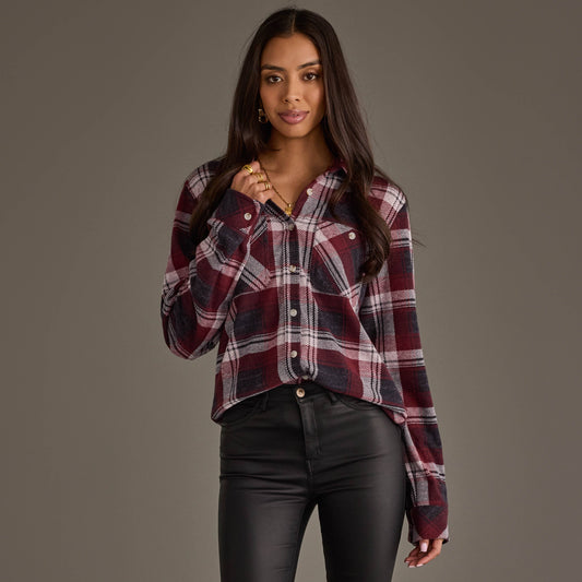 Maroon, Charcoal & White Plaid Button Up