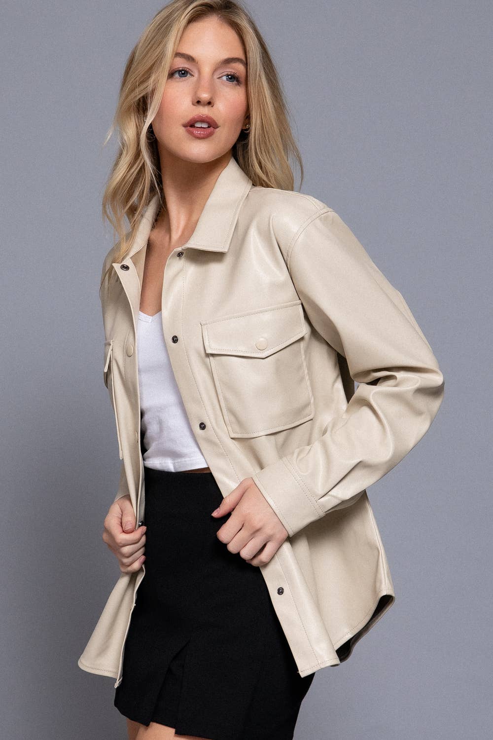 Long Sleeve Faux Leather Shacket
