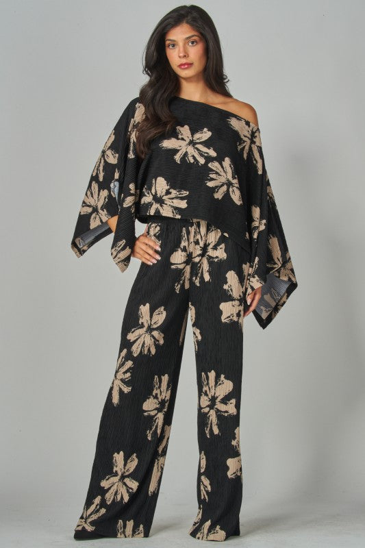 Print crinkle kimono pant set (2 colors)