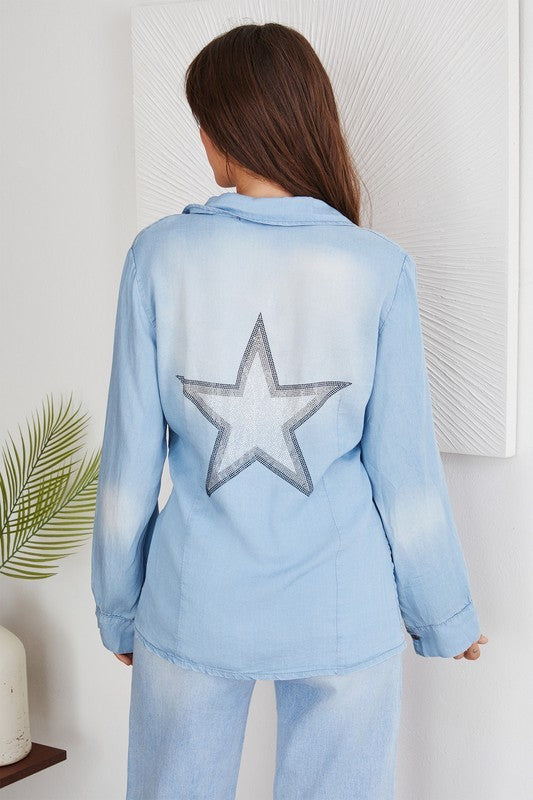 Chambray button down shirt w/rhinestone star