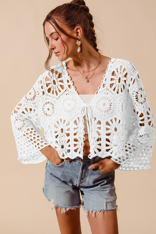 Crocheted tie front cardigan (2 colors)