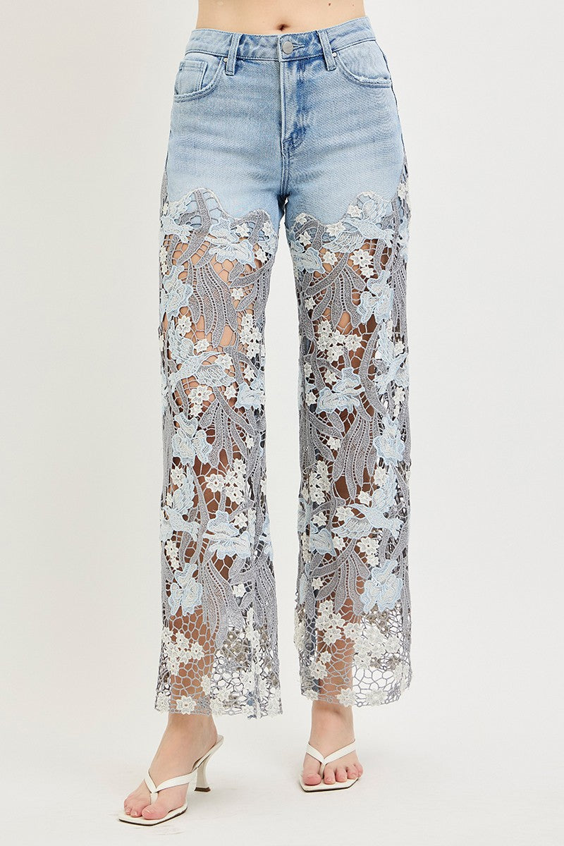 High rise lace panel jeans