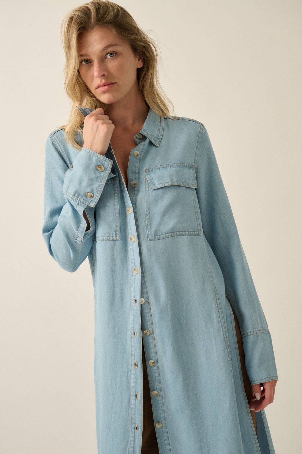 Tencel Denim Button-Up Collared Pocket Maxi Shirt
