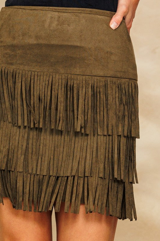 Olive faux suede fringe skirt