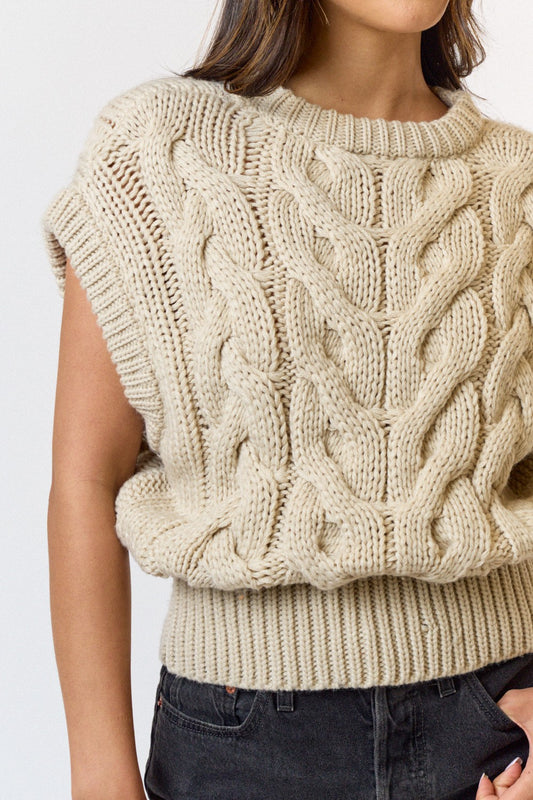 Cable knit sweater vest in tan