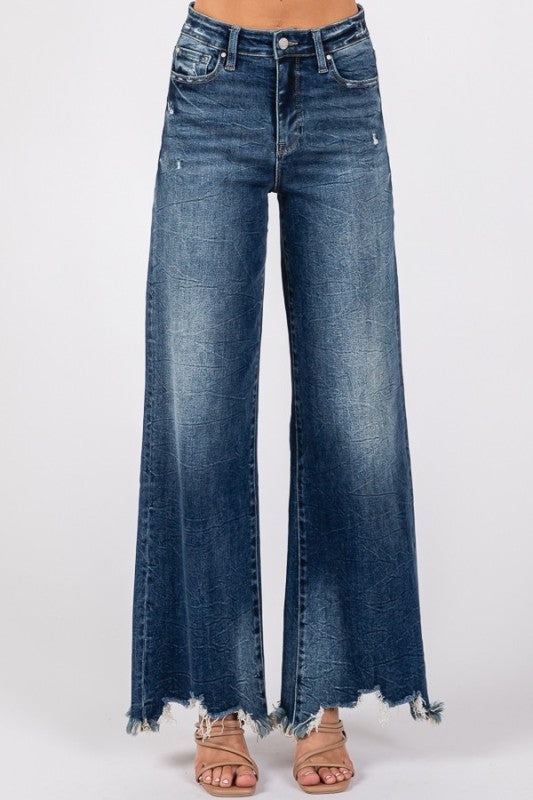 High rise super stretch destroyed hem jeans