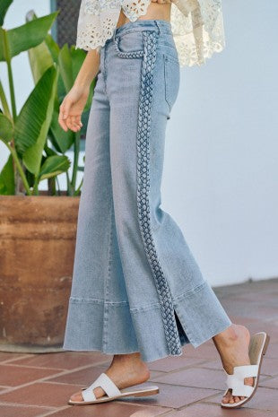 Wide leg jean with side braid detail