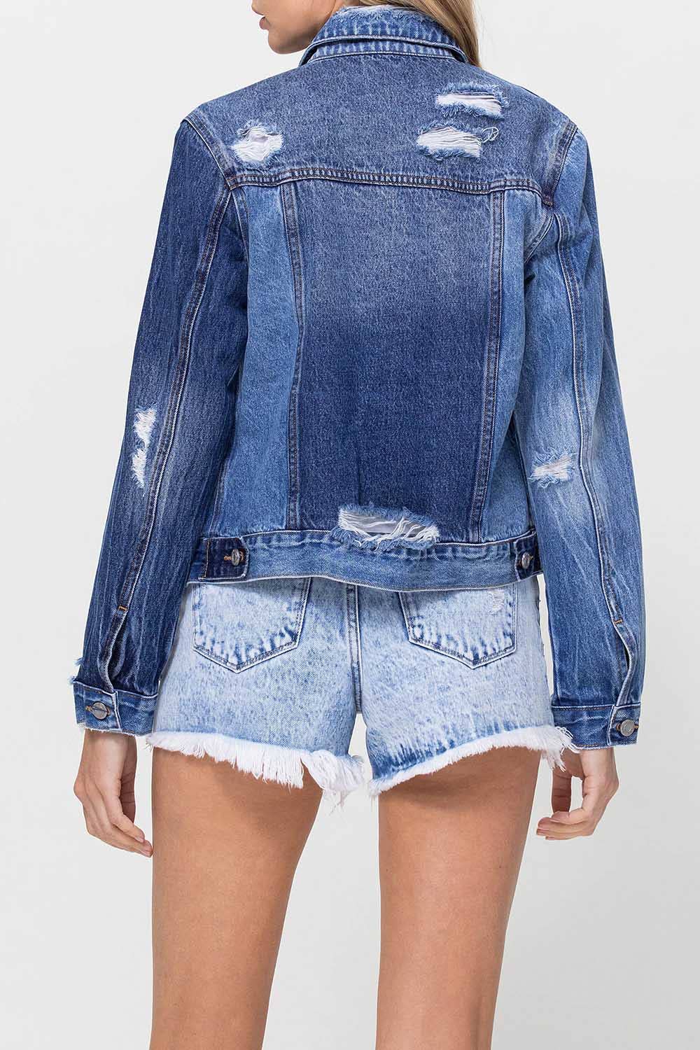 DISTRESSED CLASSIC FIT CROP JACKET W CONTRAST FABRIC V2745J