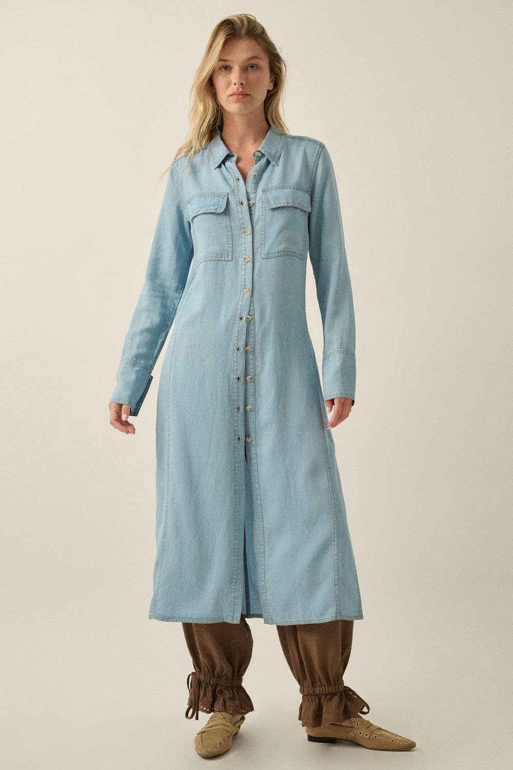 Tencel Denim Button-Up Collared Pocket Maxi Shirt