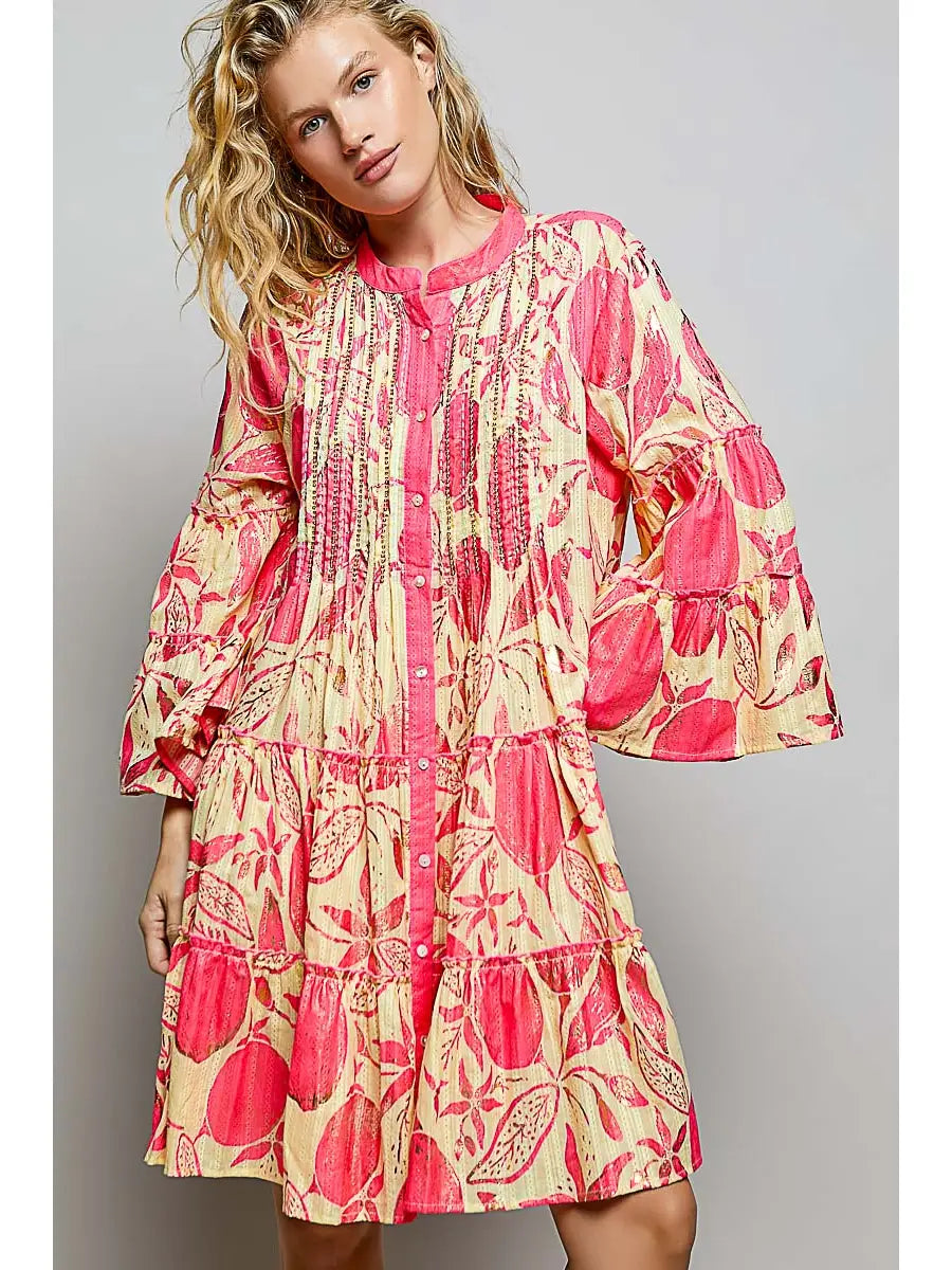 Floral ruffle stand collar dress