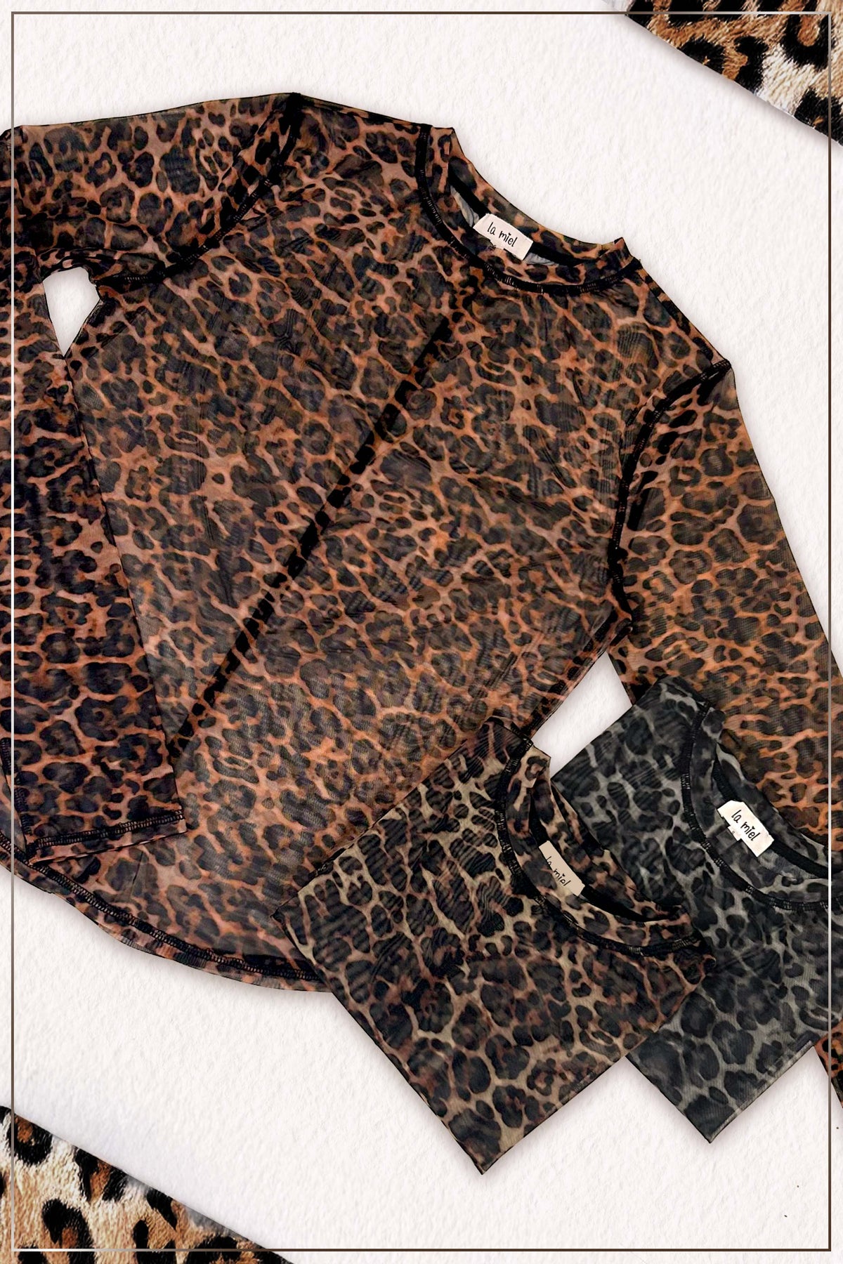 JDT7709-SemiSheer Leopard Crew Mock Neck Longsleeve Mesh Top