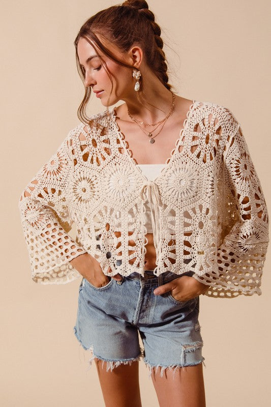 Crocheted tie front cardigan (2 colors)
