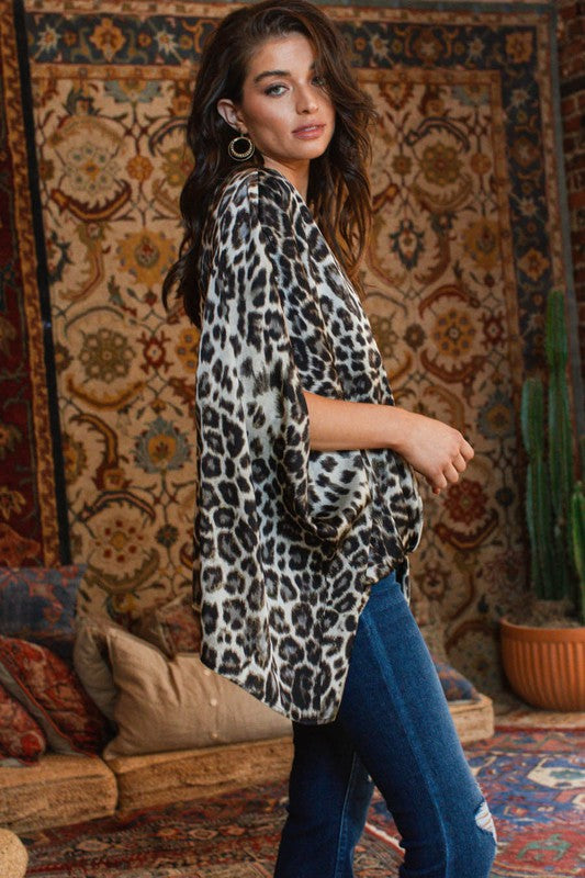 Leopard print satin poncho blouse