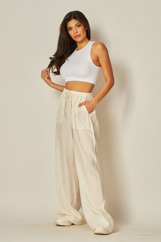 Tie waist crinkle textured pull on pant (3 colors)