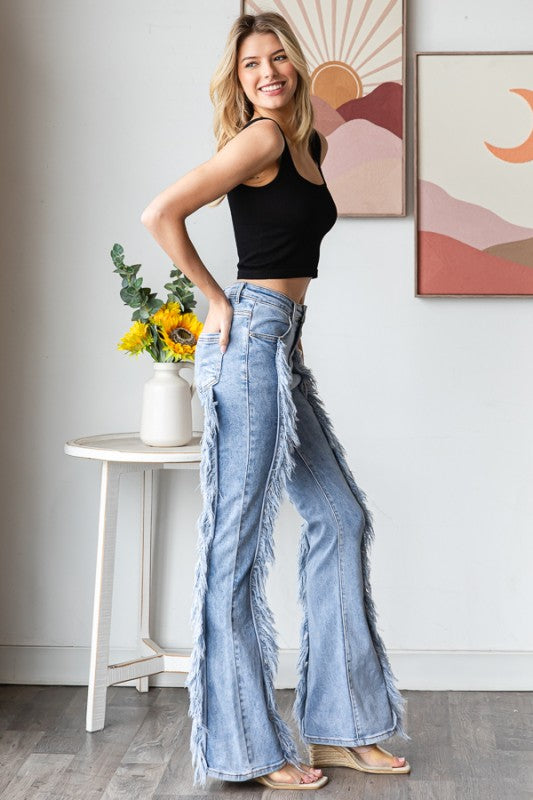 Frayed stretch flare denim