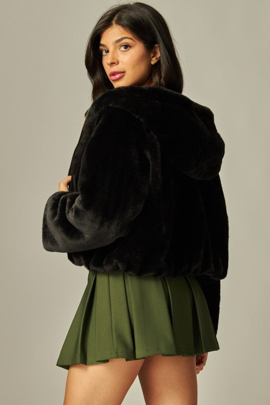 Black bunny fur hooded jacket