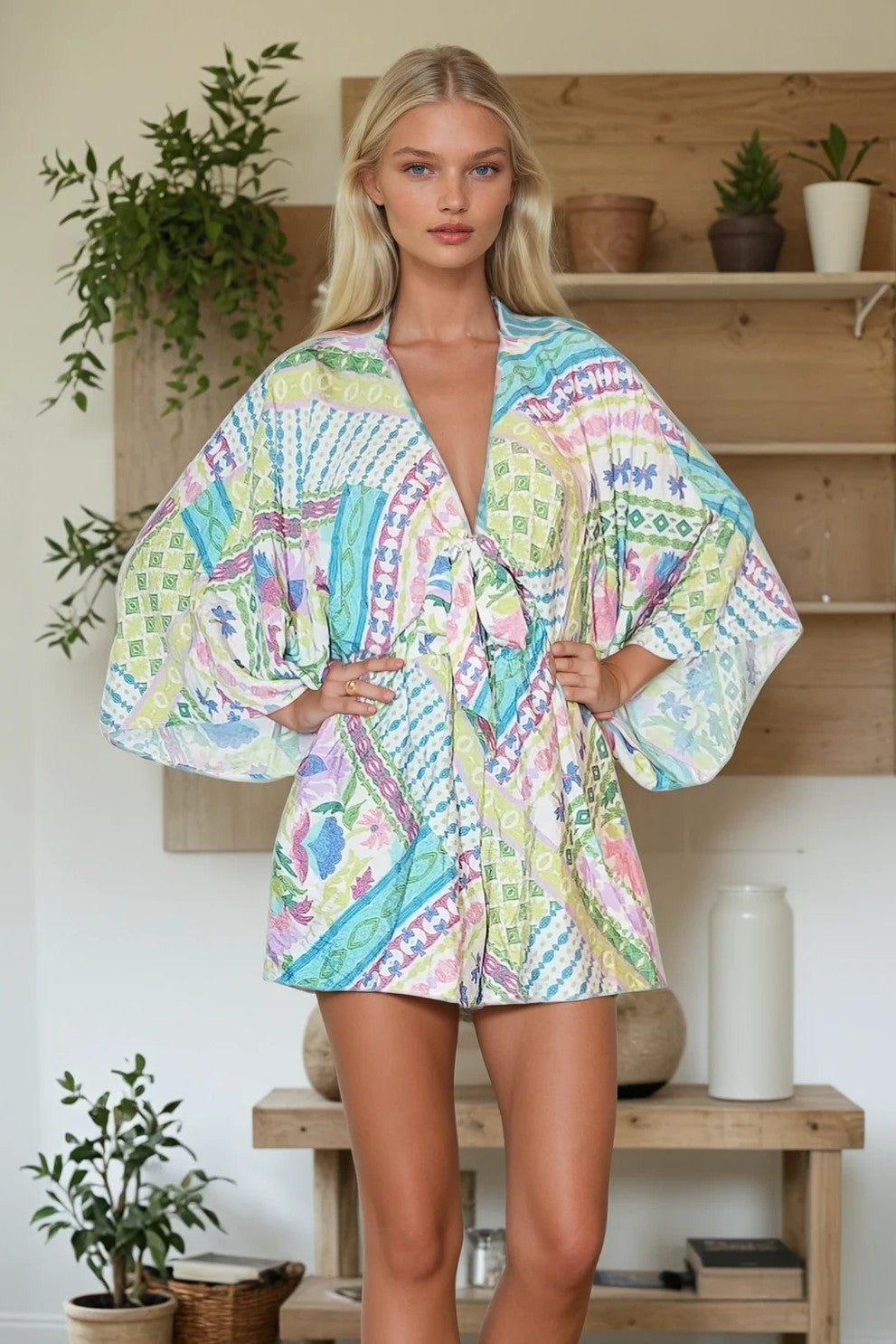 Batwing Sleeved Tropical Print Romper