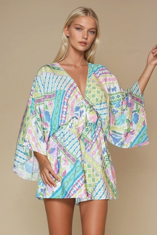 Batwing Sleeved Tropical Print Romper