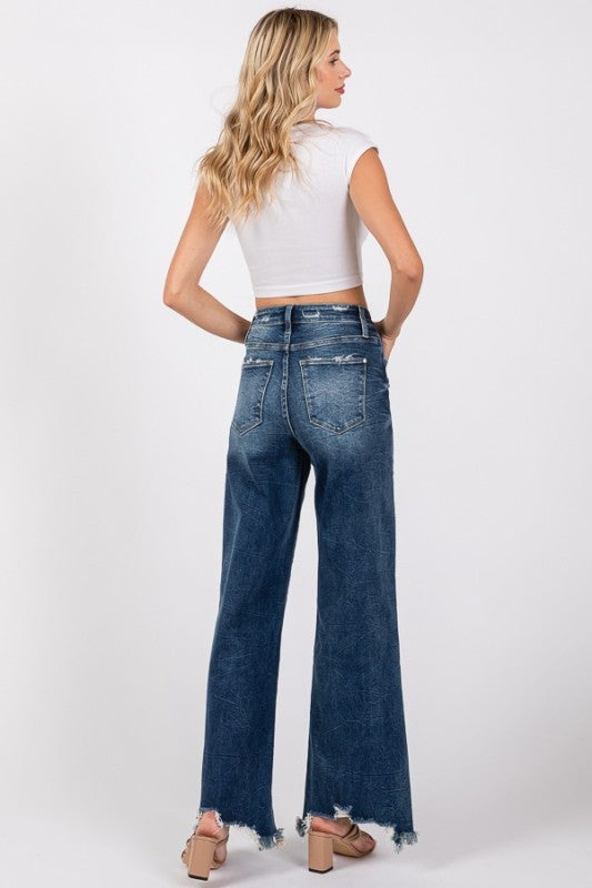 High rise super stretch destroyed hem jeans