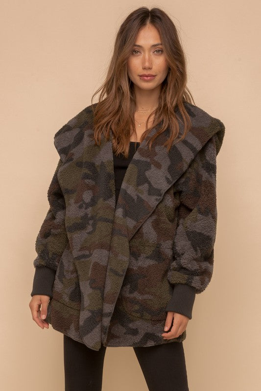 One size soft camo print open jacket