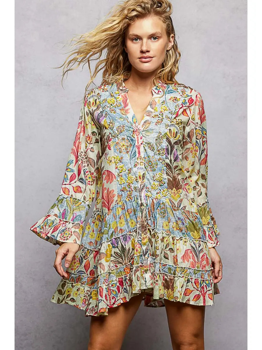 V neck beaded ruffle sleeve mini dress