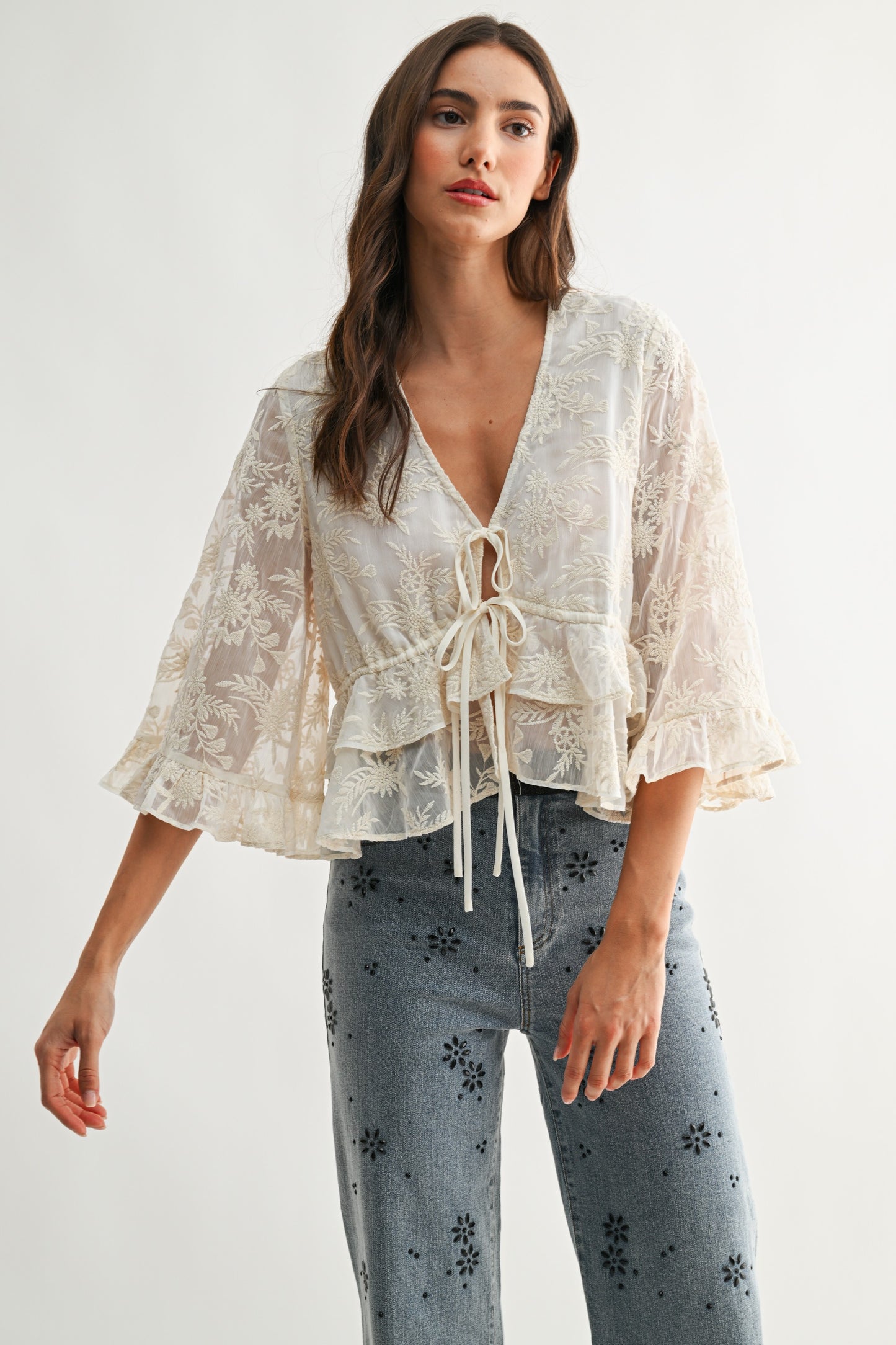 Boho embroidered semi sheer blouse