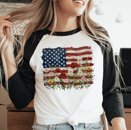 Floral flag baseball Tshirt
