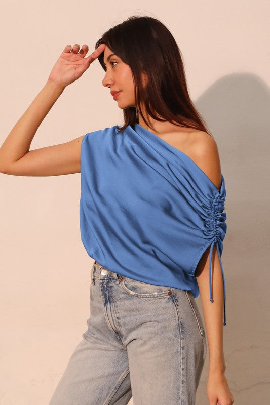 Poly silk asymmetrical drawstring top