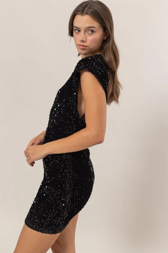 Black sequin padded shoulder mini dress