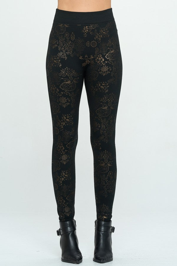 Metallic Golden Floral Seamless Fleece Leggings