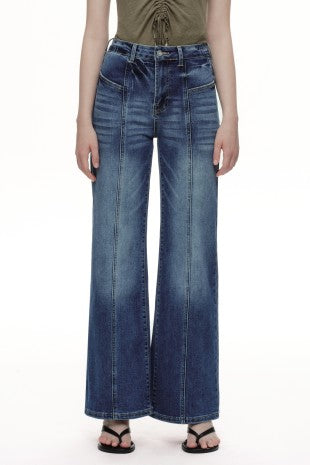 Distinctive Front Seam High Rise Wide Leg Jeans