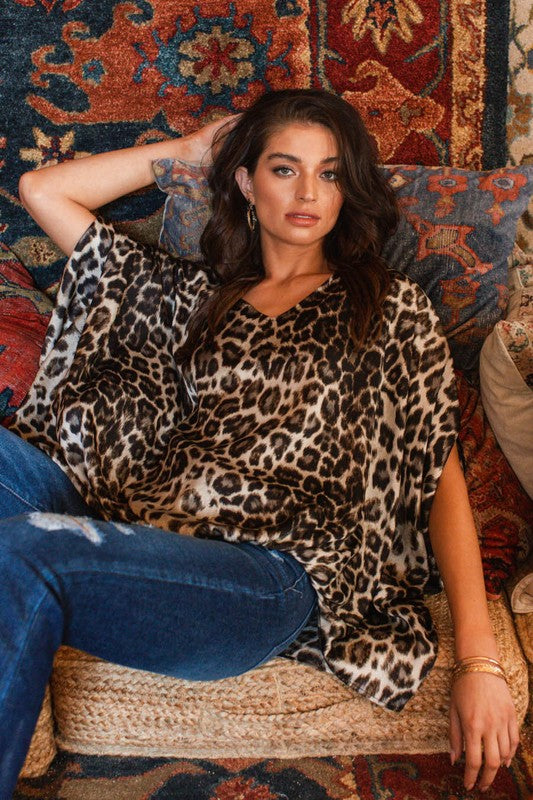 Leopard print satin poncho blouse