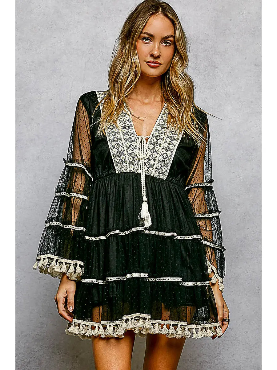 Embroidered tassel detail mini dress