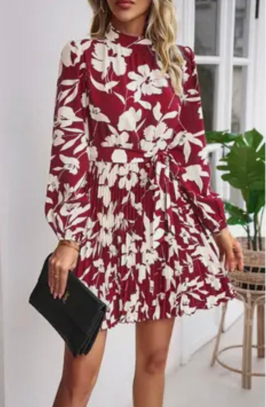 Floral pleated belted dress