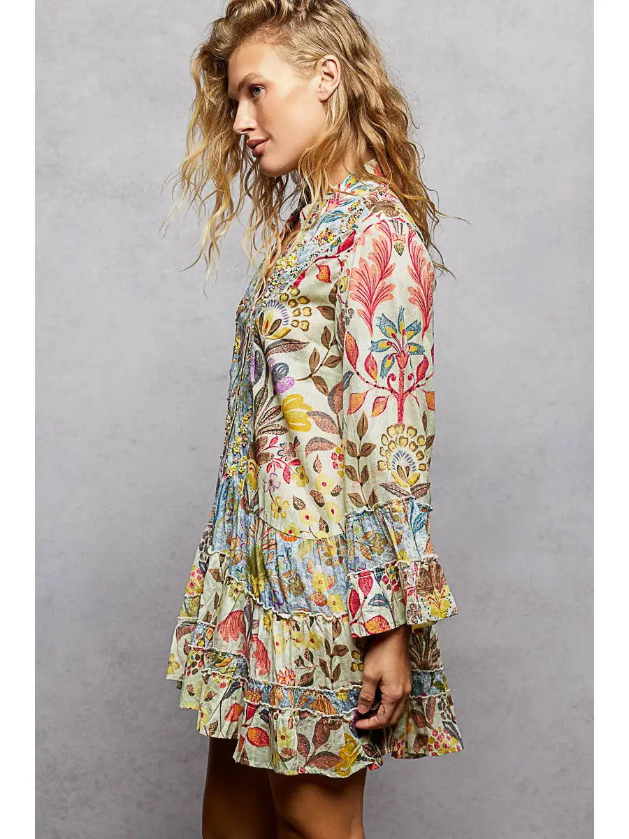 V neck beaded ruffle sleeve mini dress