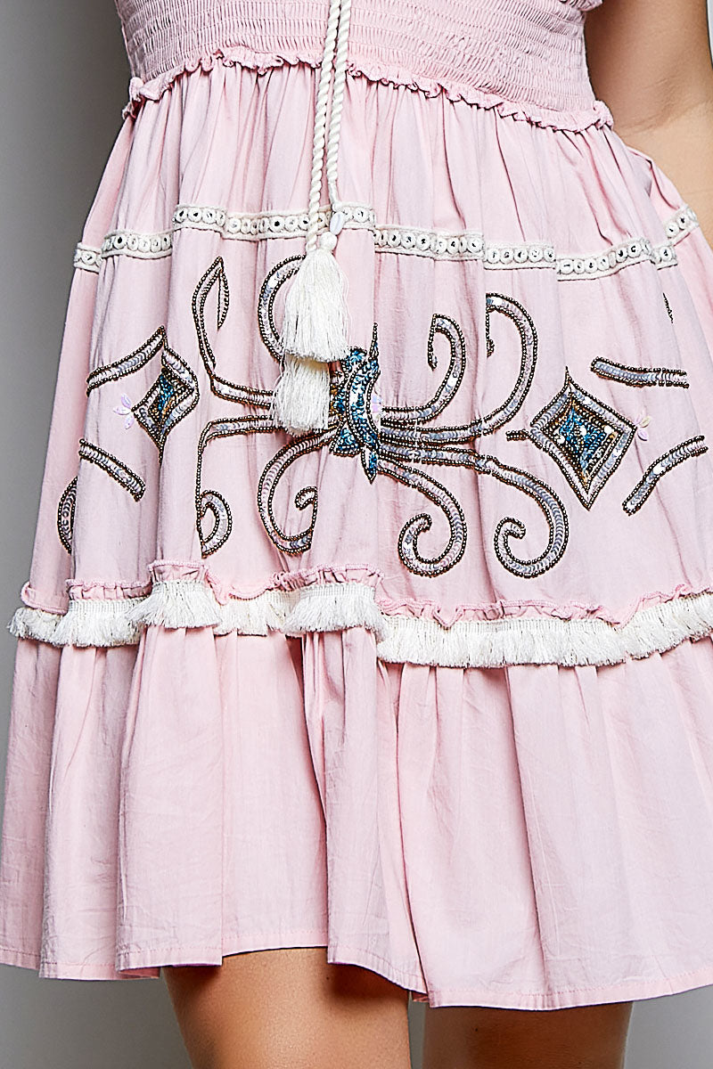 Pink embroidered and beaded mini dress